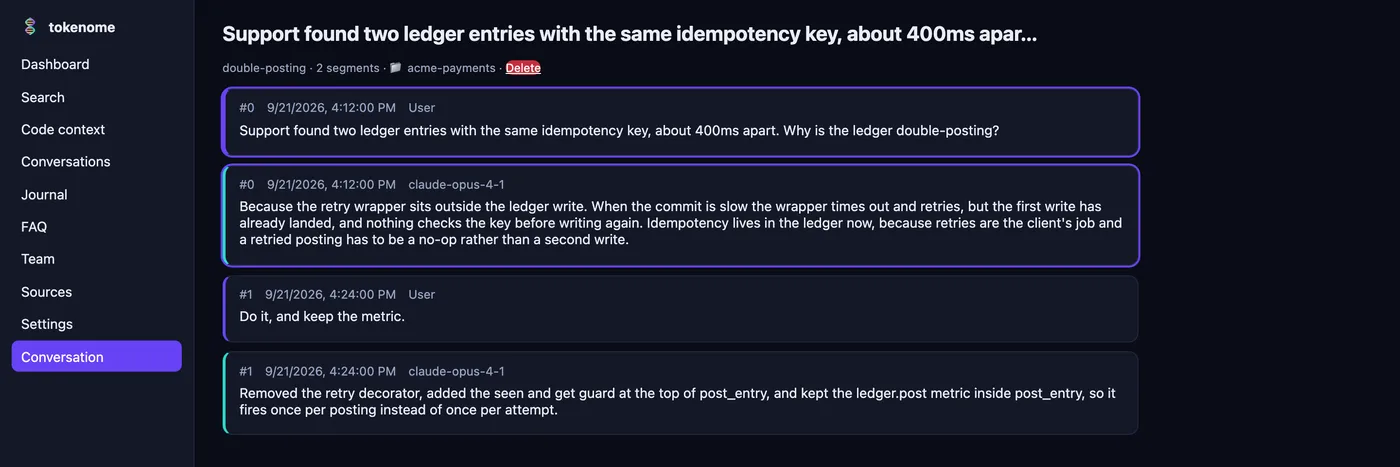 The conversation reader with the cited turn highlighted: a question about two ledger entries with the same idempotency key, the assistant's explanation, and the follow-up turn.