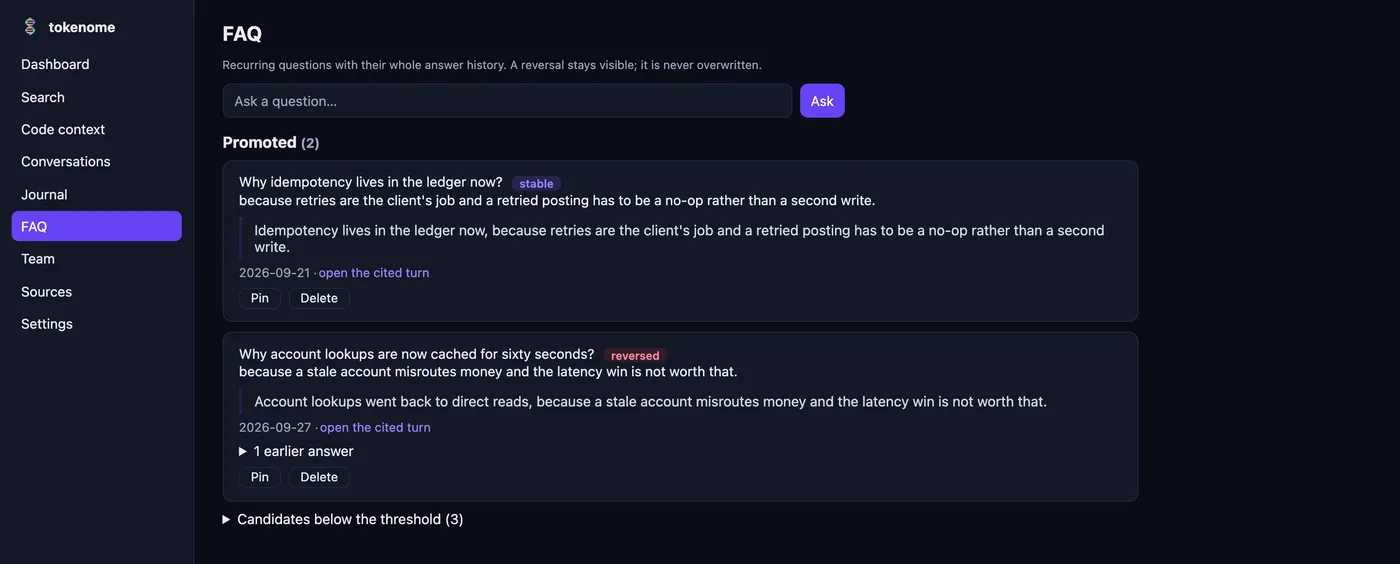 The FAQ page with two promoted questions: one marked stable about where idempotency lives, and one marked reversed about caching account lookups, each with its quoted answer, its date and a link to the cited turn.