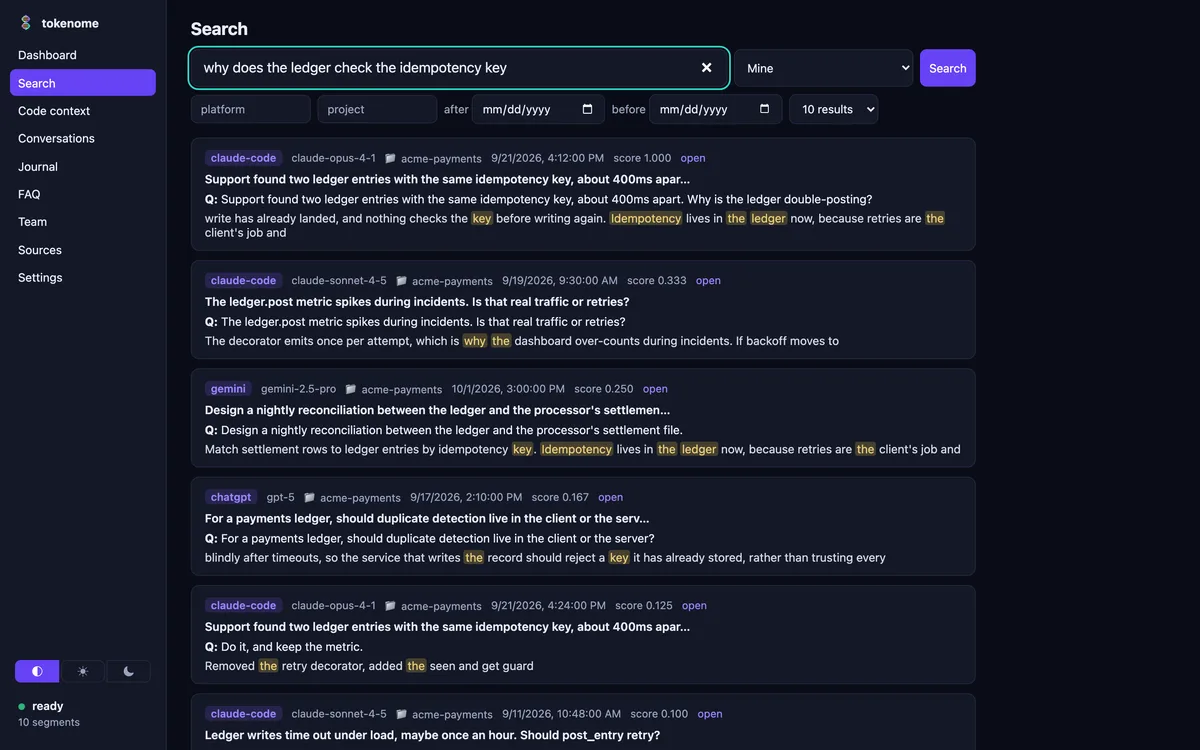 A search for why the ledger checks the idempotency key, returning six hits across claude-code, chatgpt and gemini with the matching terms highlighted.