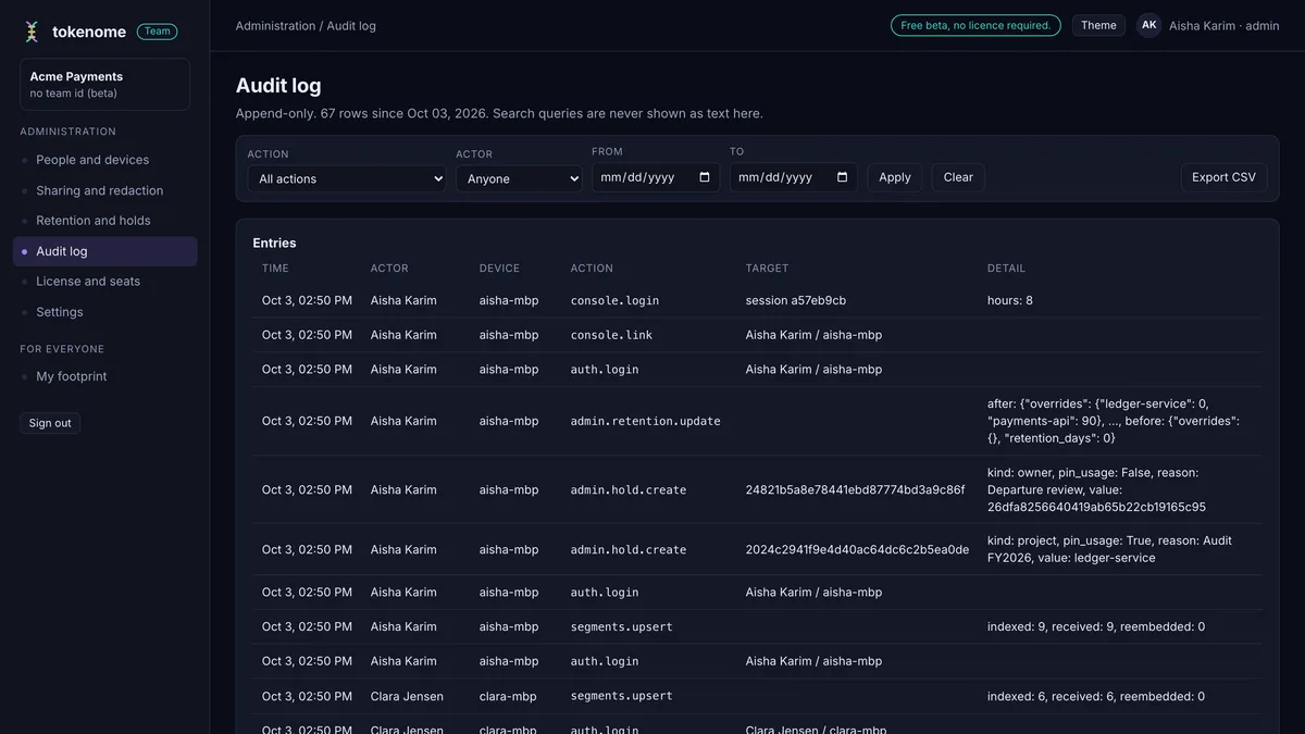 The append-only audit log with action and actor filters and an export to CSV.