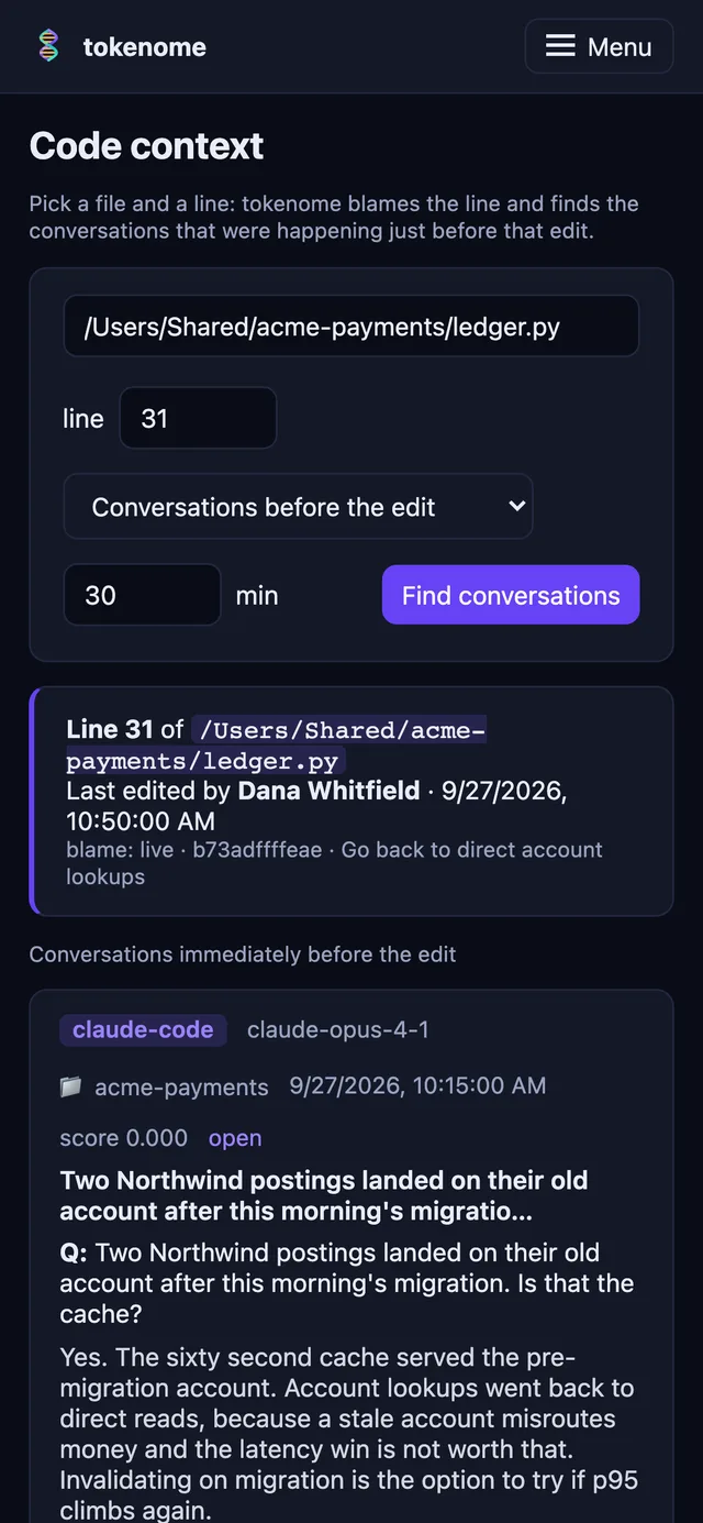 Code context at phone width: the blame header for line 31 and the first conversation from before that edit.