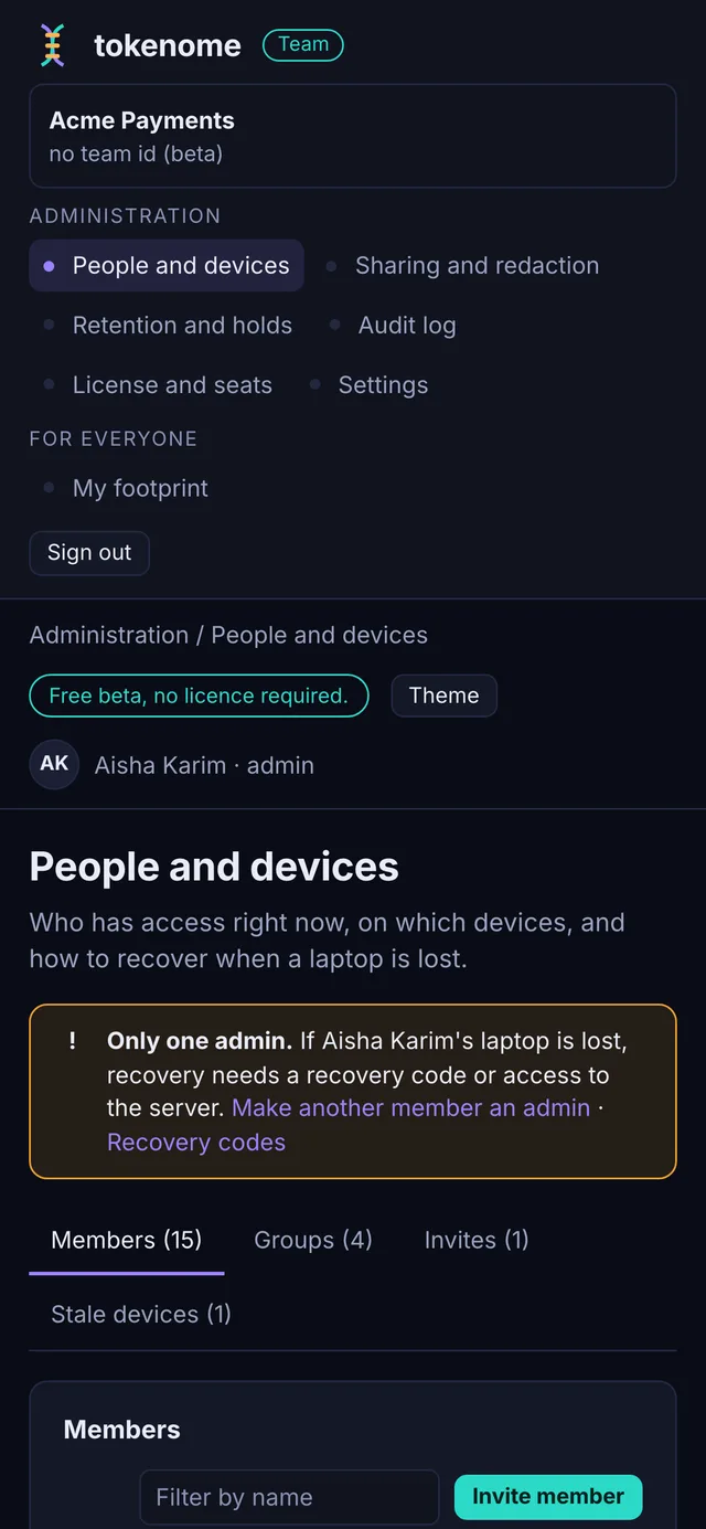 The admin console People and devices page at phone width, with the roster stacked and no sideways scroll.