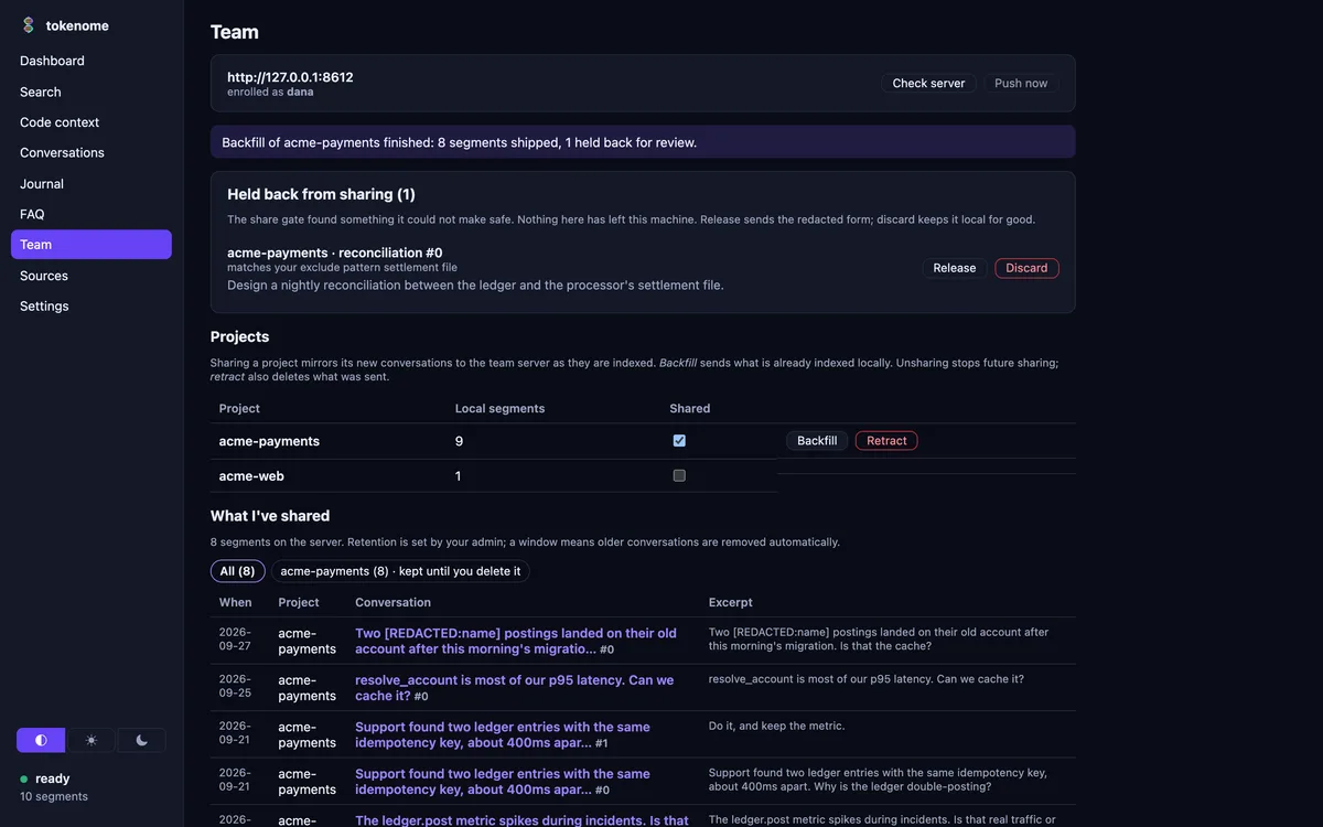 A backfill reporting eight segments shipped and one held back for review, the held card naming the exclude pattern that caught it, and a shared table showing a redacted customer name.